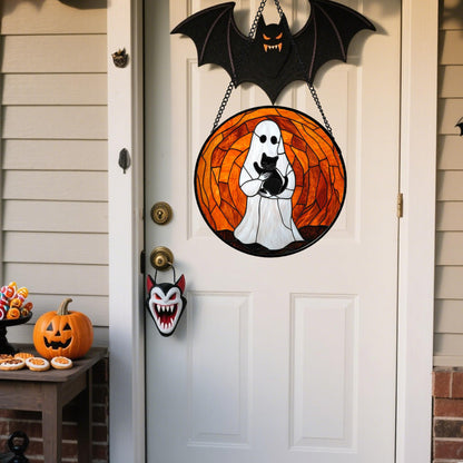 Stained Glass Window Hanging - Halloween Red White Scary Pumpkin Suncatcher for Doors Garden Home Spooky Rattan Sun Catchers Gothic Decor Horror Gifts for Women Men Friend Boy Girl 15 In