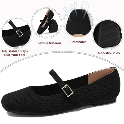 Women's Mesh Mary Jane Flats, Soft Square Toe Ballet Shoes for Work