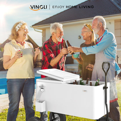Vingli 80 Quart Wagon Rolling Cooler Ice Chest, W/Long Handle and 10" Wheels