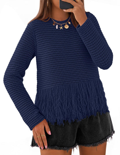 MEROKEETY Women's Fall Fashion Crochet Fringe Sweater Tops Boho Pullover