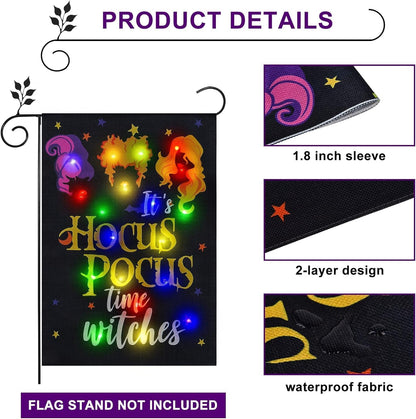 Halloween Lighted Garden Flag for Outside, LED Solar Yard Flag 8 Modes Witch Feet Shape Flag, 28x40 Double Sided Cauldron Eyeball Black Cat Decorations for Home Porch