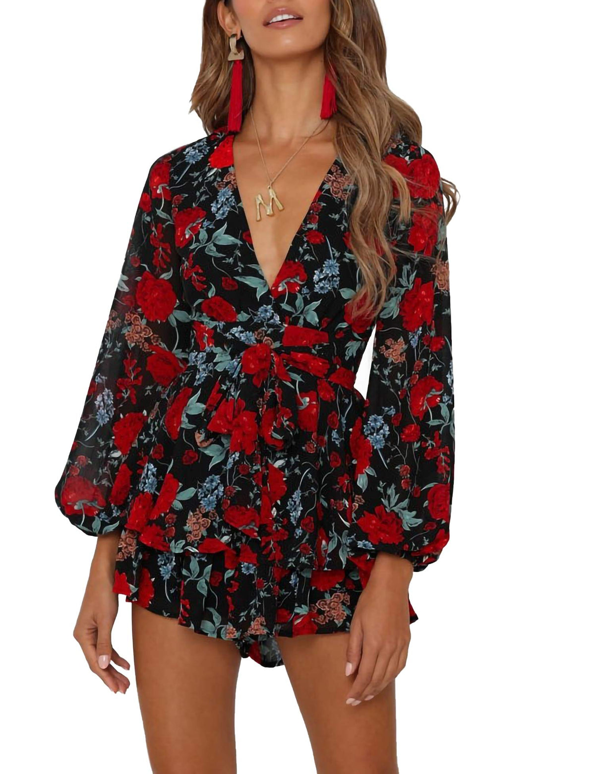 AIMCOO Women's Floral Print Deep V-Neck Romper