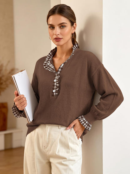 Ruffle Knit Collared Quarter Pullover