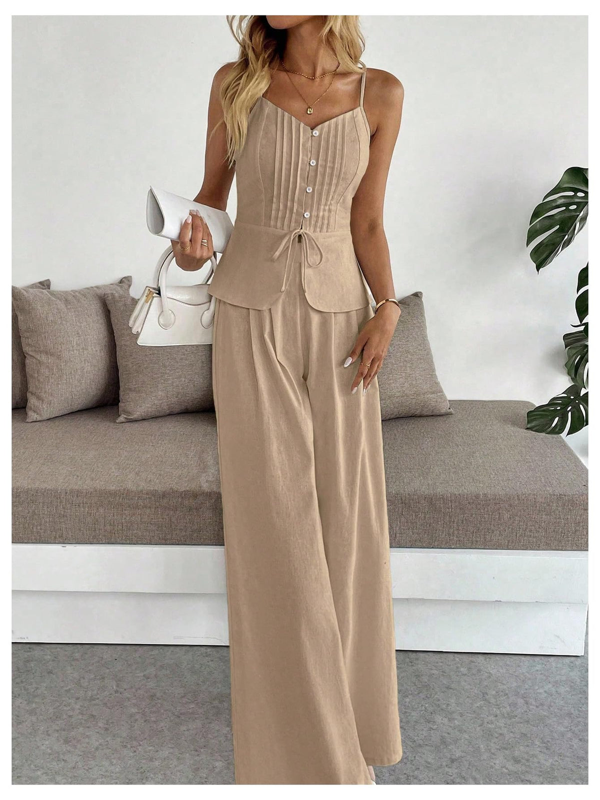 SOLY HUX Women's 2 Piece Outfit Button Down Peplum Cami Wide Leg Pants Set