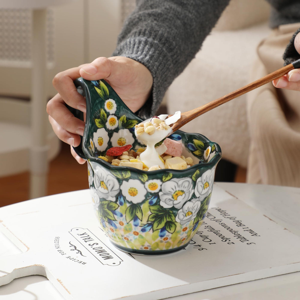 Alma Handpainted Microwavable Soup Bowl with Loop Handle 18.6Oz, Cereal Bowl with Handle