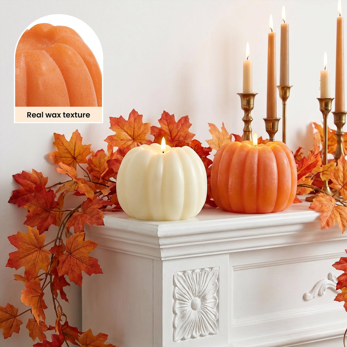 Fall Decor, Fall Decorations for Home - Flameless Pumpkin Candle with Timer Remote - Room Bedroom Table Farmhouse Decor for Halloween, Thanksgiving, Orange+white