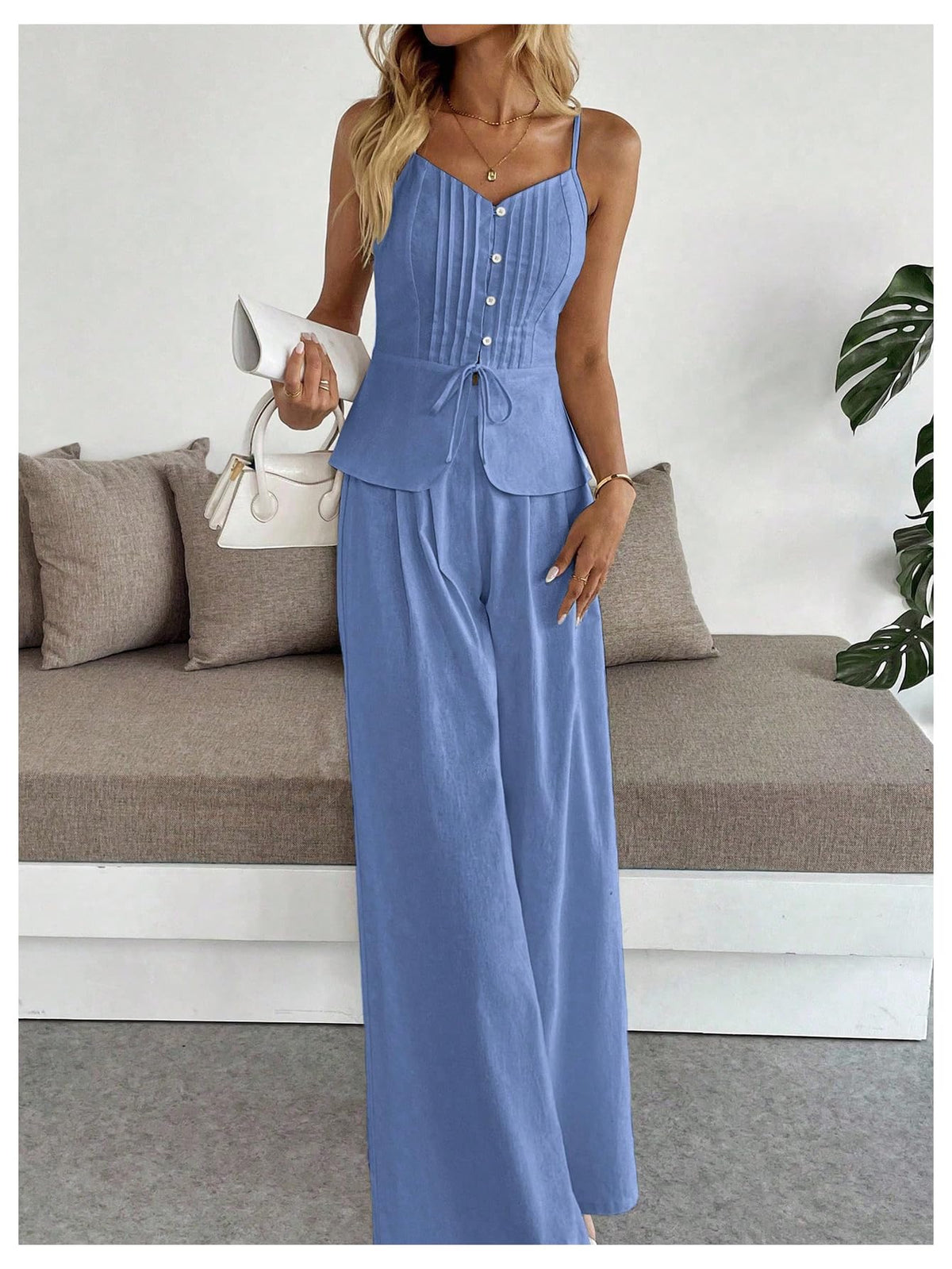 SOLY HUX Women's 2 Piece Outfit Button Down Peplum Cami Wide Leg Pants Set