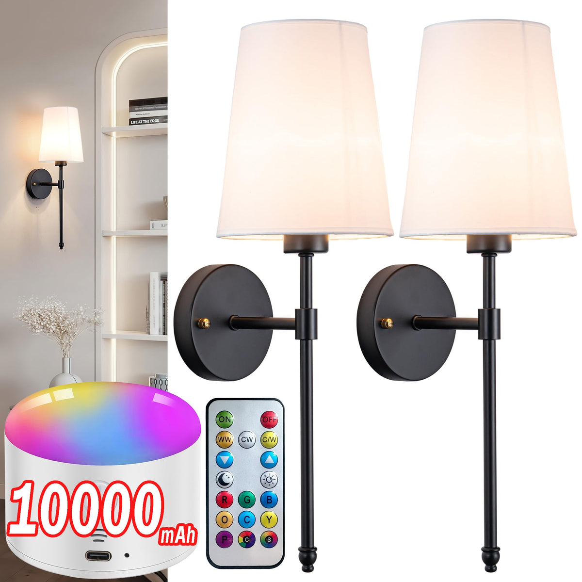 Yhcdlamp Battery Operated Wall Sconce Light with Remote Control, Dimmable Wall Sconce Set of 2