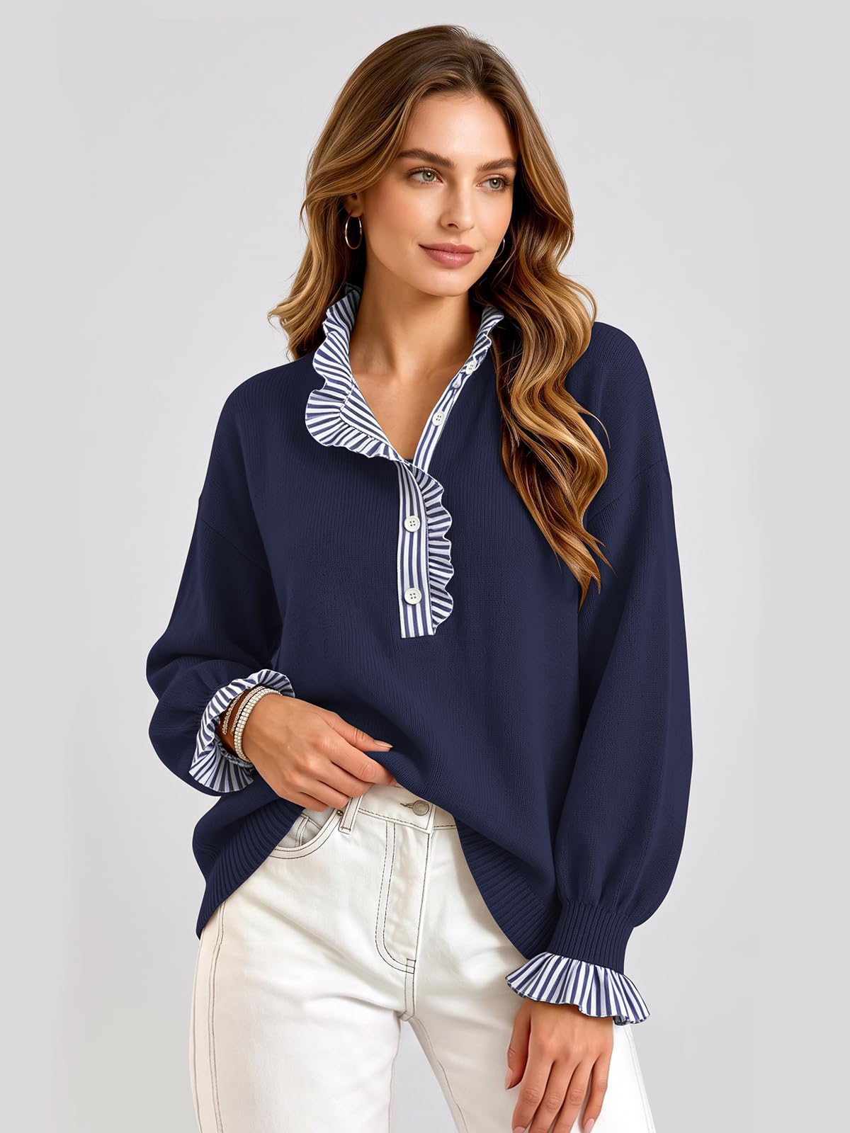 Ruffle Knit Collared Quarter Pullover