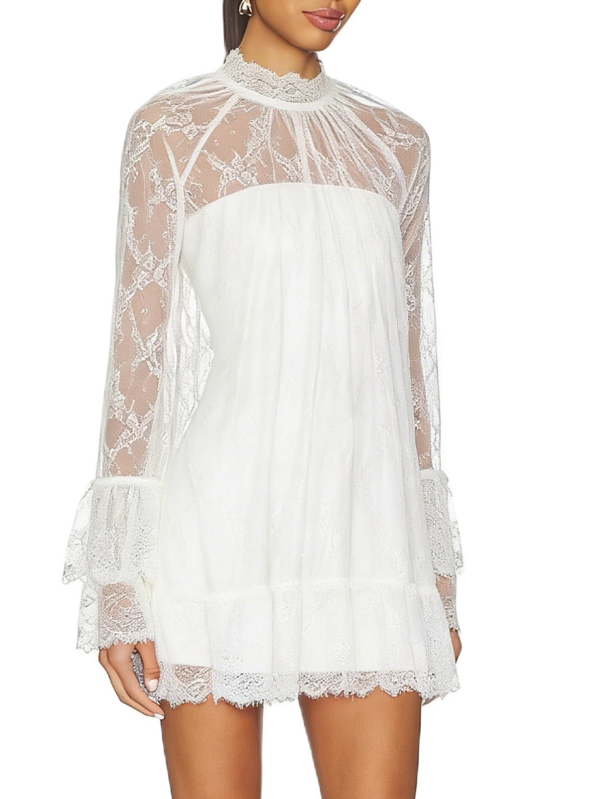 Women See Through Long Sleeve Lace Mini Dress Ruffle Layered Sheer Lace Short Dresses Sexy Going Out Cover Up Dresses