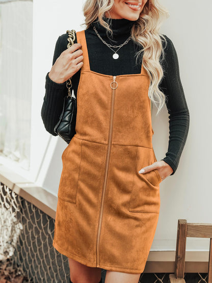 CUPSHE Faux Suede Mini Fall Dresses for Women Square Neck Pull Ring Zipper Front Pockets Wide Straps Casual Autumn Dress