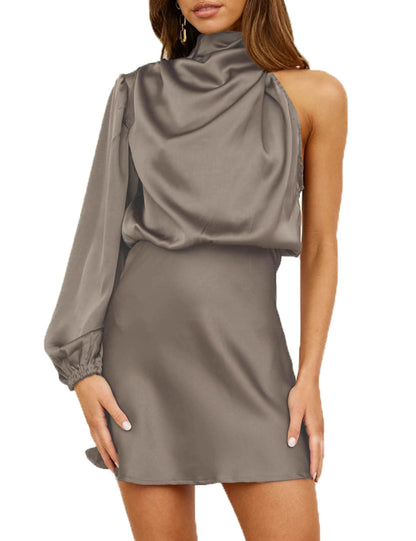Women Satin One Shoulder Long Sleeve High Neck Cocktail Mini Dress
