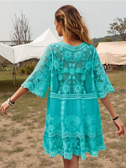 Eomenie Women's Contrast Lace Bathing Suit Cover Up V-Neck Swimsuit Coverups Loose Swimwear Beach Dress Beachwear