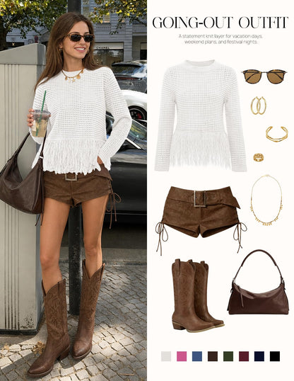 MEROKEETY Women's Fall Fashion Crochet Fringe Sweater Tops Boho Pullover
