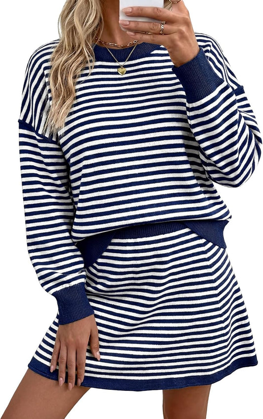 Tankaneo Women 2 Piece Striped Sweater Skirt Set