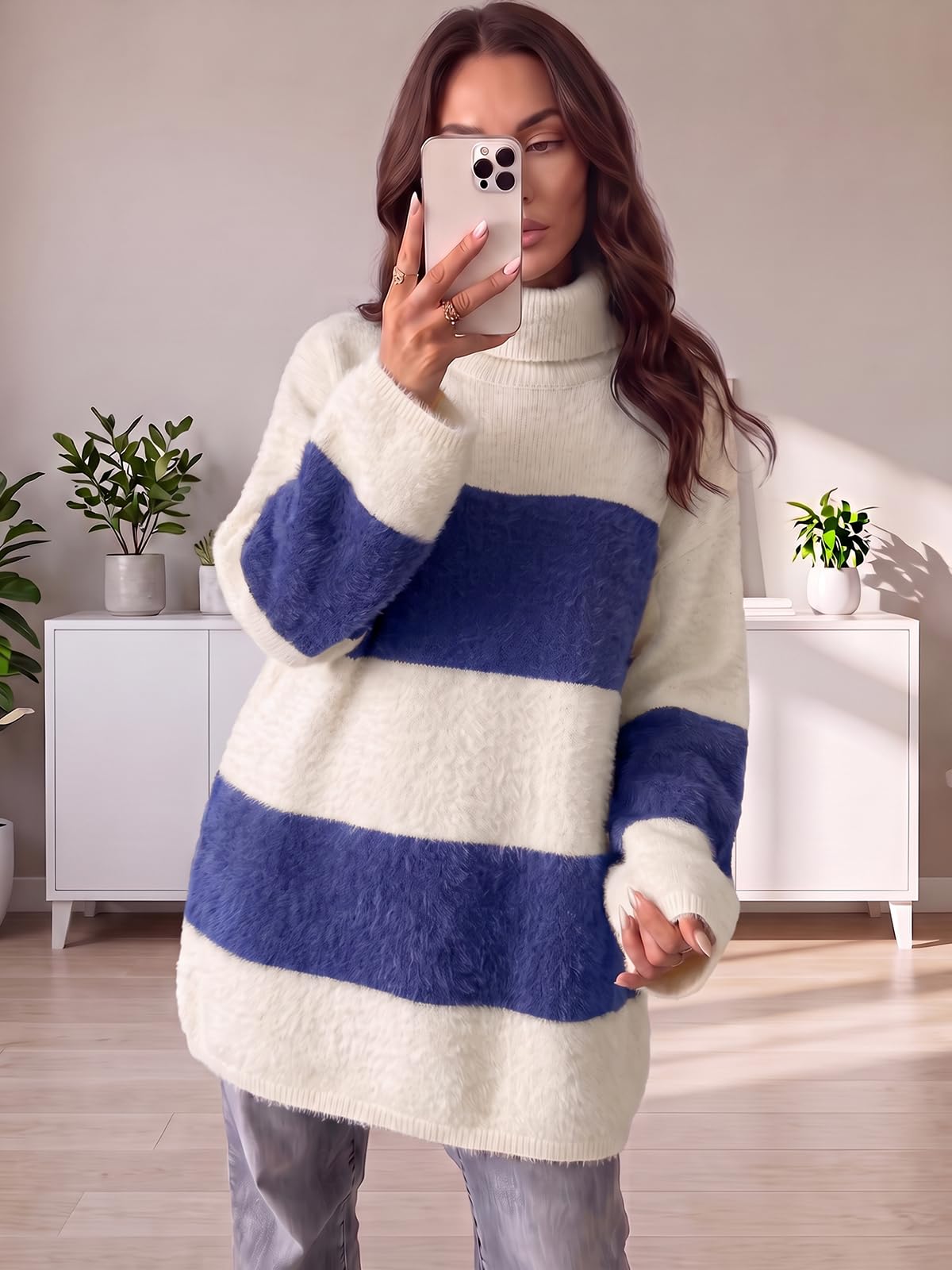 Wenrine Women Oversized Striped Sweater Dress Fall Long Sleeve Knit Dresses