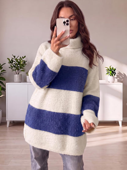 Wenrine Women Oversized Striped Sweater Dress Fall Long Sleeve Knit Dresses