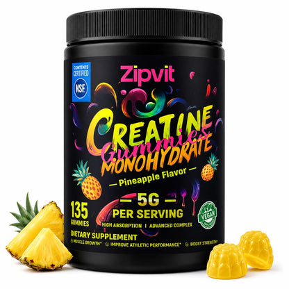 Creatine Monohydrate Gummies, Nsf Certified Creatine Gummy, 5g Dose for Men & Women to Support Muscle, Strength, Recovery, Cognitive Health & Memory, Pineapple Flavor, 135 Gummies