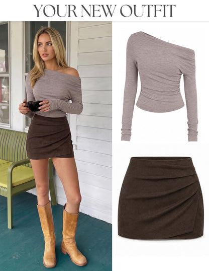 ZESICA Womens Faux Suede Wrap Mini Skirt Fall High Waist Bodycon Skort