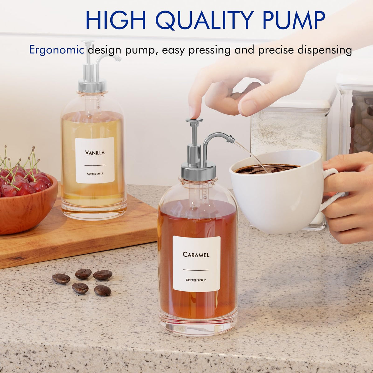 16.9 Oz (500 Ml) Coffee Syrup Dispenser Set- 4 Glass Bottles with Gold Pumper and Syrup Labels