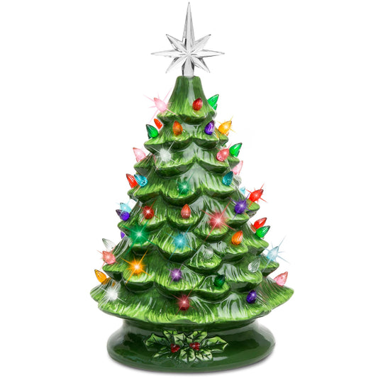 Best Choice Products 15in Ceramic Christmas Tree, Pre-Lit Hand-Painted Tabletop Holiday Tree, Star Topper, 64 Lights - Green W/Multicolored Bulbs