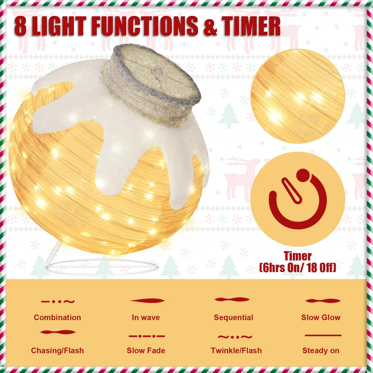 2 Pcs Outdoor Christmas Ornaments, Lighted Pop-Up Holiday Ball Decoration with 160 LED Lights, 8 Light Functions, Lighted Collapsible Christmas Outdoor Decorations for Yard, Patio, Home