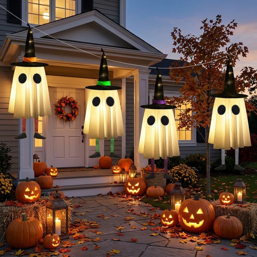 Set of 4 Halloween Hanging Ghosts, Halloween Decorations Outdoor Hanging Ghosts with Witch Hat,glowing Ghost Witch Hat Lights, Light Up Ghost Decor for Yard Patio Garden Tree Outside(4 Ghost Lighted)