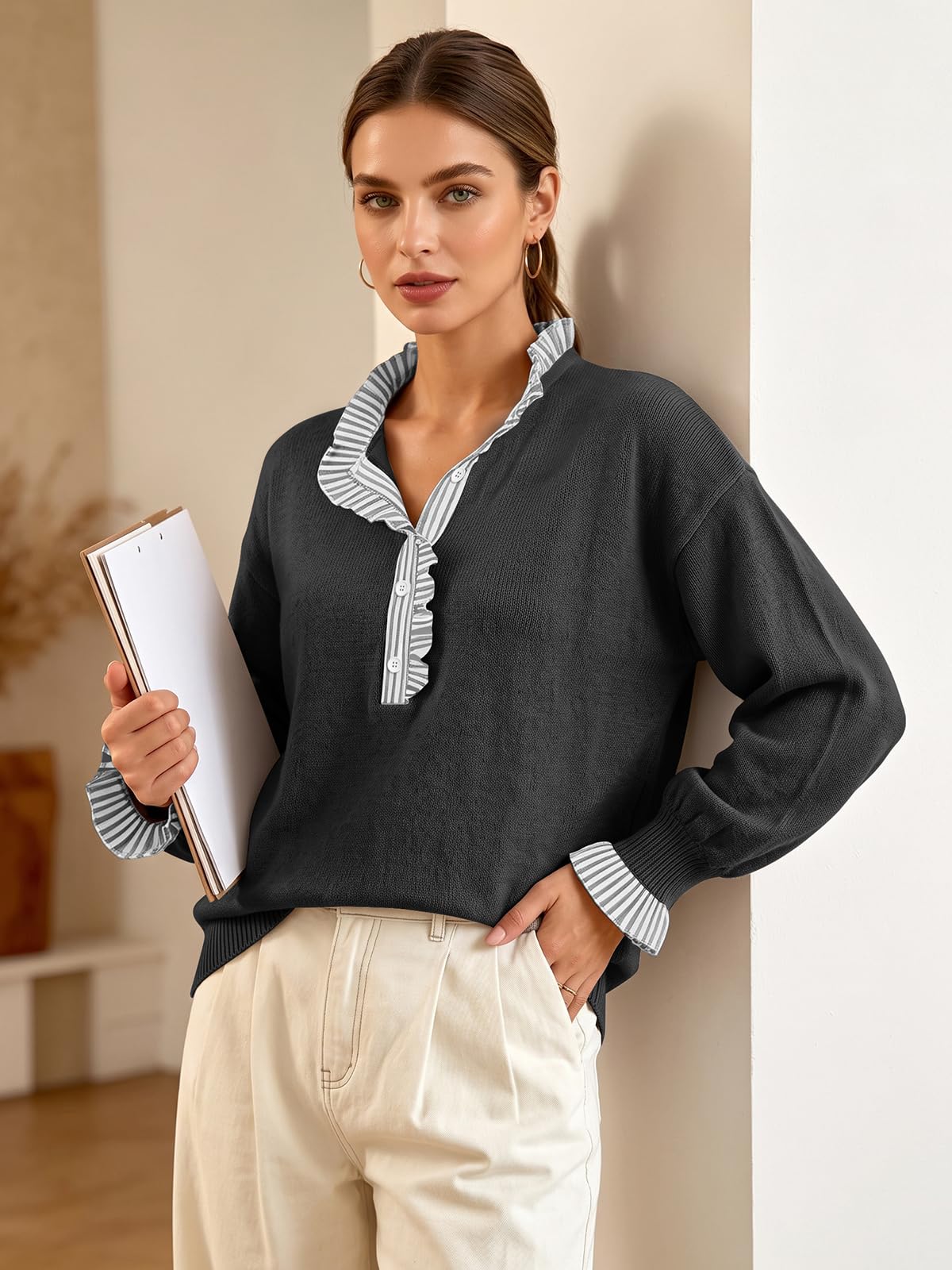 Ruffle Knit Collared Quarter Pullover