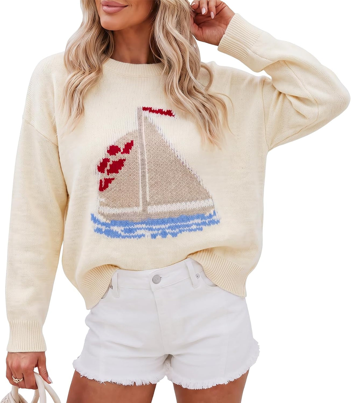 Cicy Bell Womens Graphic Sweaters Lightweight Knit Crewneck Pullover