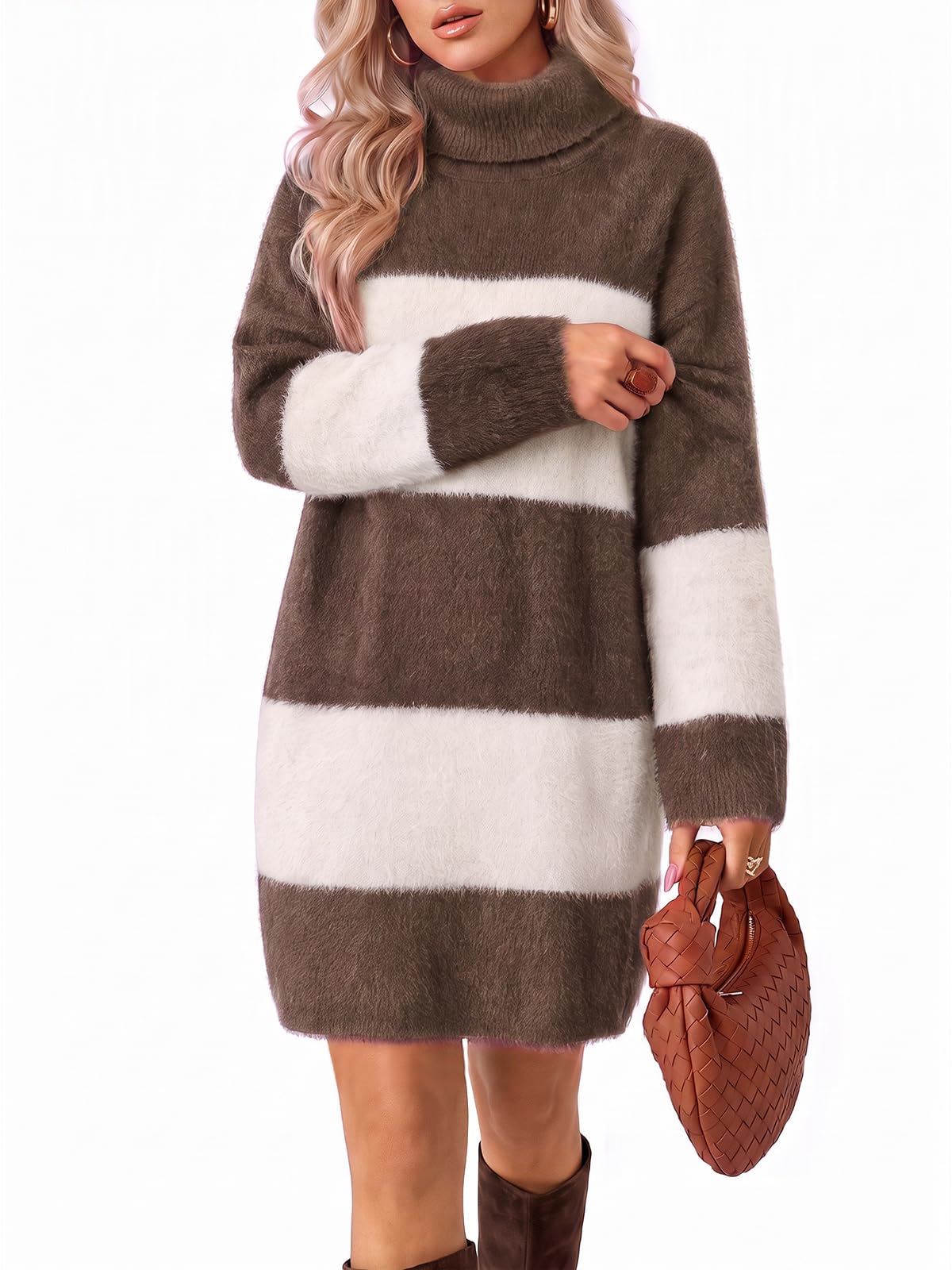 Wenrine Women Oversized Striped Sweater Dress Fall Long Sleeve Knit Dresses
