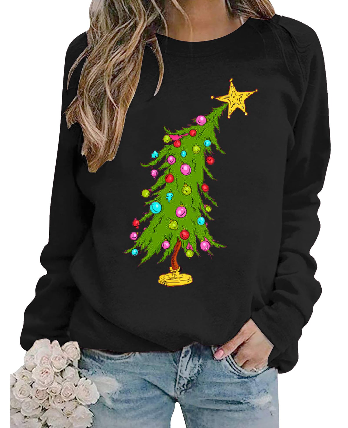 Christmas Sweatshirts for Women Cute Christmas Tree Graphic Long Sleeve Shirt Xmas Holiday Party Pullover Blouse
