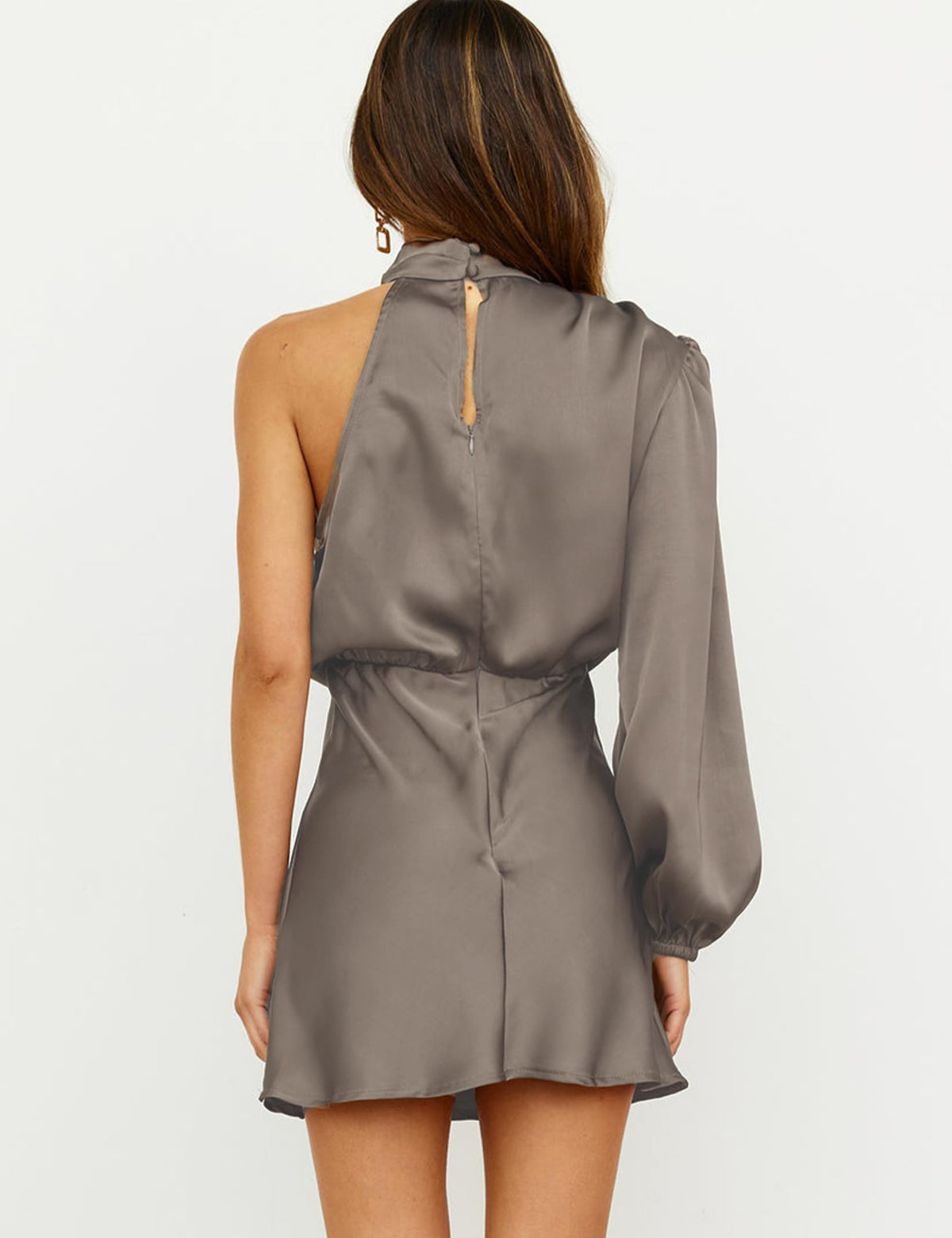 Women Satin One Shoulder Long Sleeve High Neck Cocktail Mini Dress