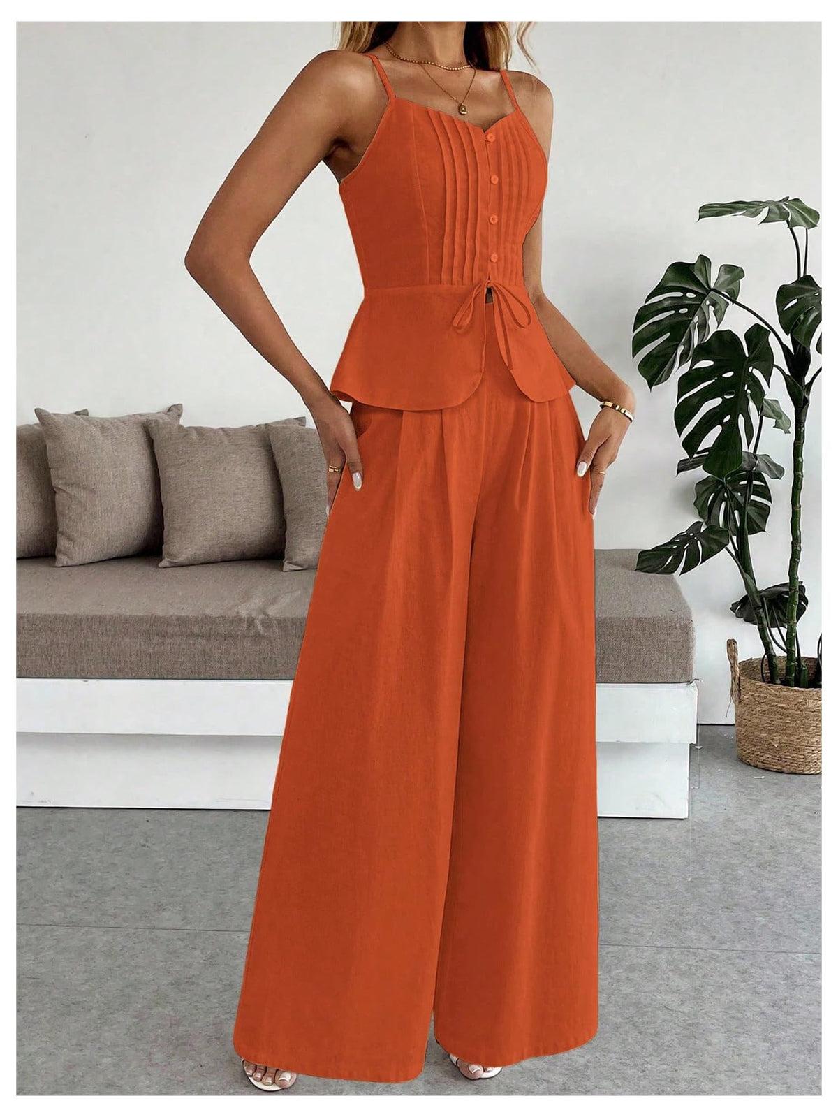 SOLY HUX Women's 2 Piece Outfit Button Down Peplum Cami Wide Leg Pants Set