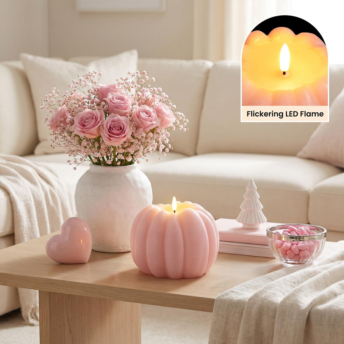 Fall Decor, Fall Decorations for Home - Flameless Pumpkin Candle with Timer Remote - Room Bedroom Table Farmhouse Decor for Halloween, Thanksgiving, Orange+white