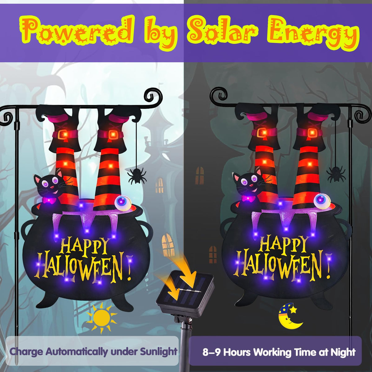 Halloween Lighted Garden Flag for Outside, LED Solar Yard Flag 8 Modes Witch Feet Shape Flag, 28x40 Double Sided Cauldron Eyeball Black Cat Decorations for Home Porch