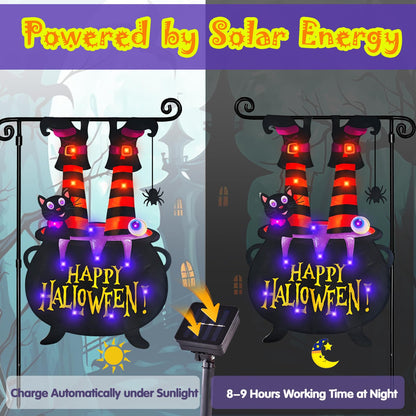 Halloween Lighted Garden Flag for Outside, LED Solar Yard Flag 8 Modes Witch Feet Shape Flag, 28x40 Double Sided Cauldron Eyeball Black Cat Decorations for Home Porch