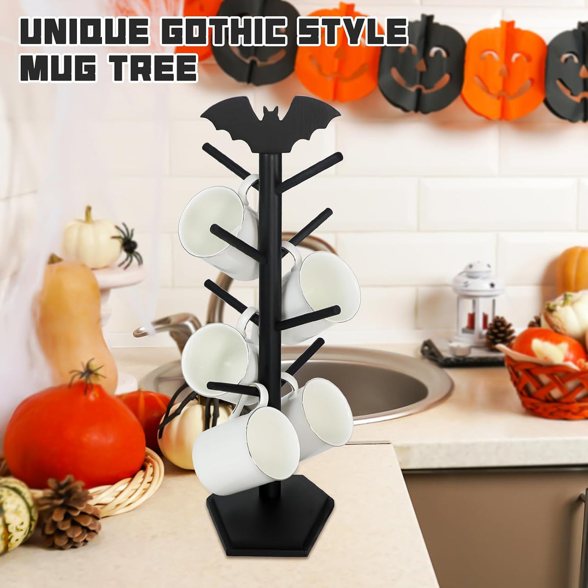 Bat Mug Holder Tree - 8 Hooks Rack for Gothic Home Decor - Wood Mug Tree for Countertop - Cup Holder for Halloween Kitchen Organizer & Coffee Bar Accessories