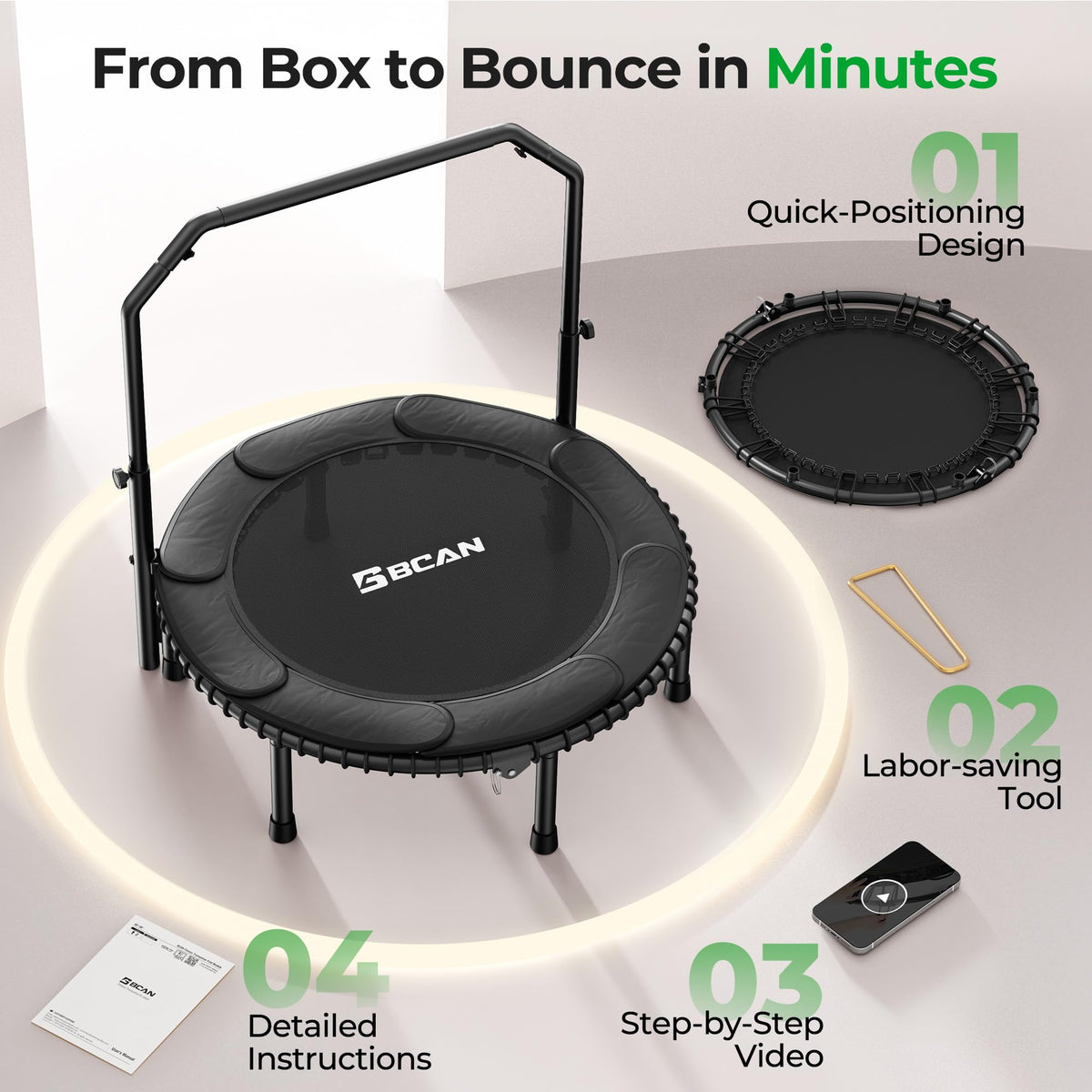 Bcan BT2 450/550LBS Mini Rebounder Trampoline for Adults with Bar, Fitness Trampoline with Bungees, Adjustable Handle, Stable & Quiet, Indoor Outdoor, Whole-Body Workout - 40IN/48IN | Fed Fitness