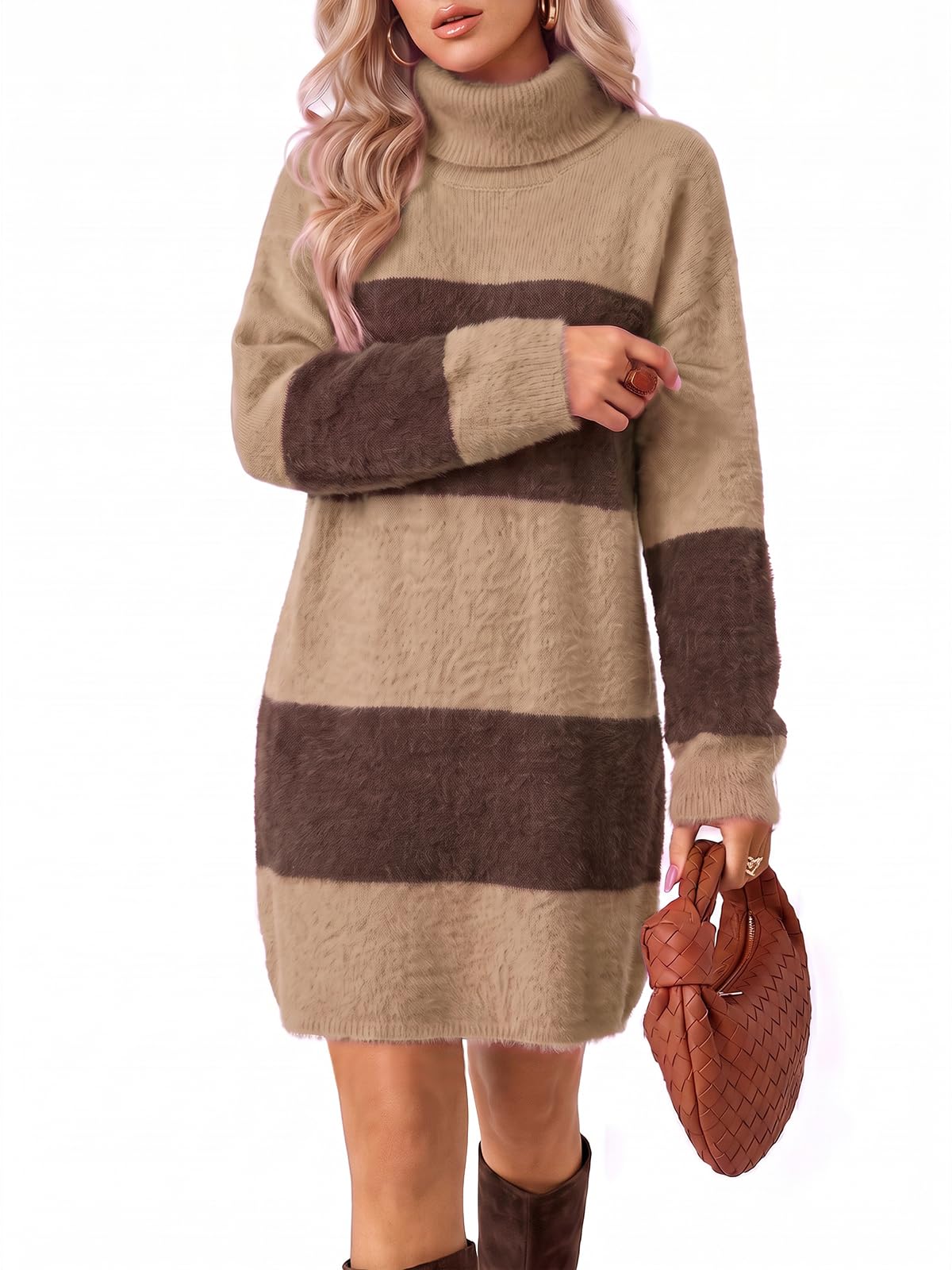 Wenrine Women Oversized Striped Sweater Dress Fall Long Sleeve Knit Dresses