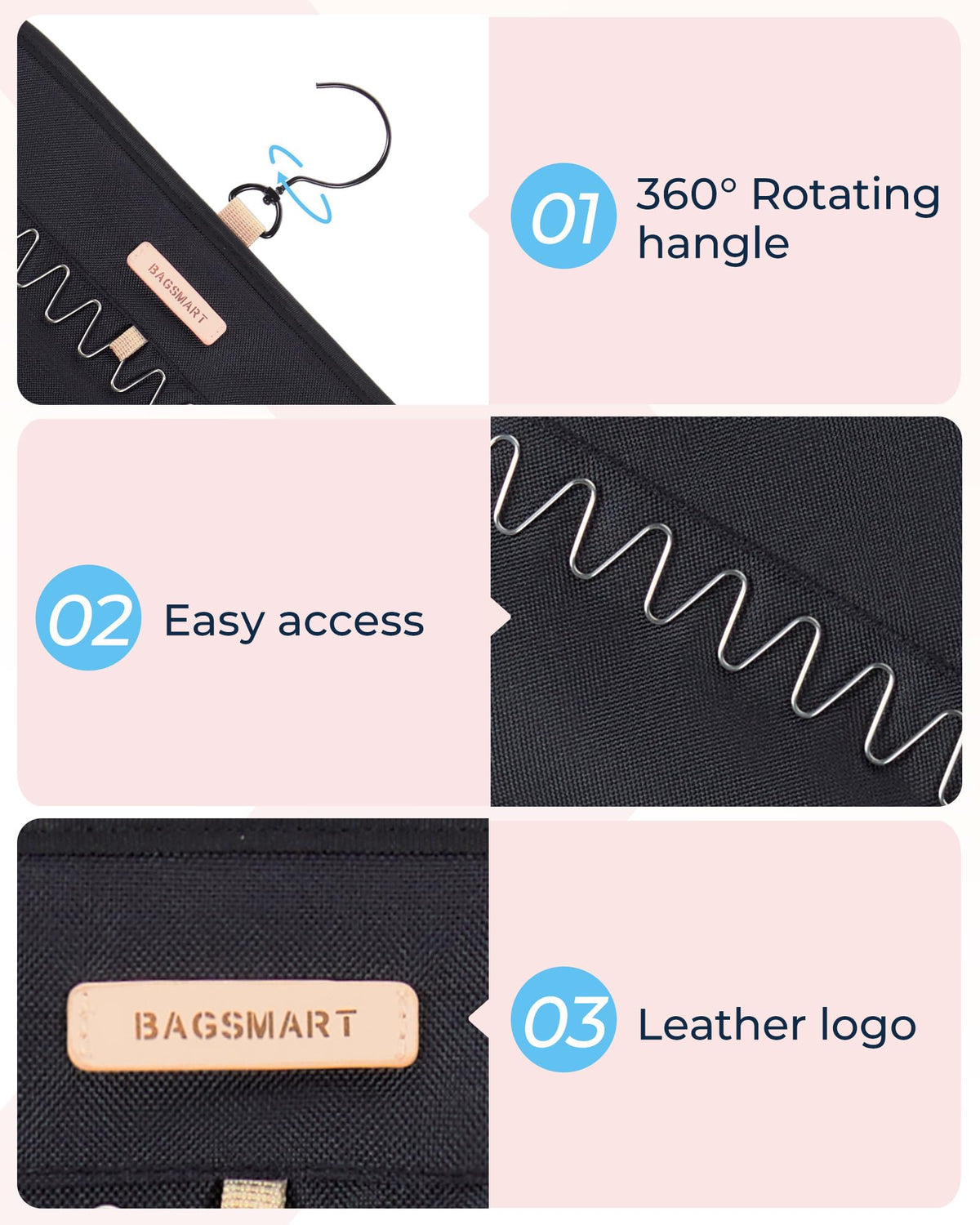 BAGSMART Hanging Jewelry Organizer Storage Roll with Hanger Metal Hooks Double-Sided Jewelry Holder for Earrings, Necklaces, Rings on Closet, Wall, Door, 1 piece, Medium, Pink