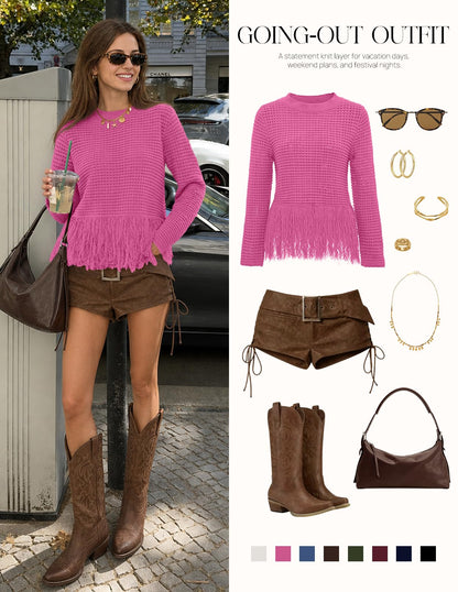 MEROKEETY Women's Fall Fashion Crochet Fringe Sweater Tops Boho Pullover
