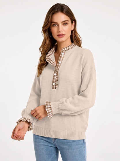 Ruffle Knit Collared Quarter Pullover