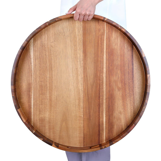 Extra Large 20INCH Premium Acacia Wood Tray Round Ottoman Tray with Handles