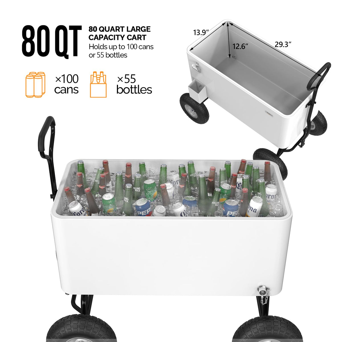 Vingli 80 Quart Wagon Rolling Cooler Ice Chest, W/Long Handle and 10" Wheels