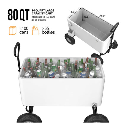 Vingli 80 Quart Wagon Rolling Cooler Ice Chest, W/Long Handle and 10" Wheels