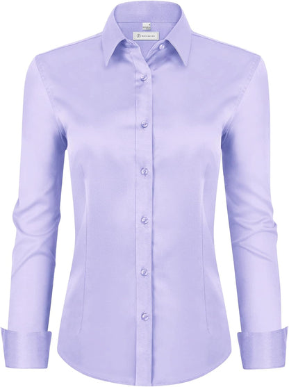 siliteelon Womens Classic-Fit Dress Shirts Long Sleeve Button Down Wrinkle-Free Stretch Solid Casual Work Office Blouse Top