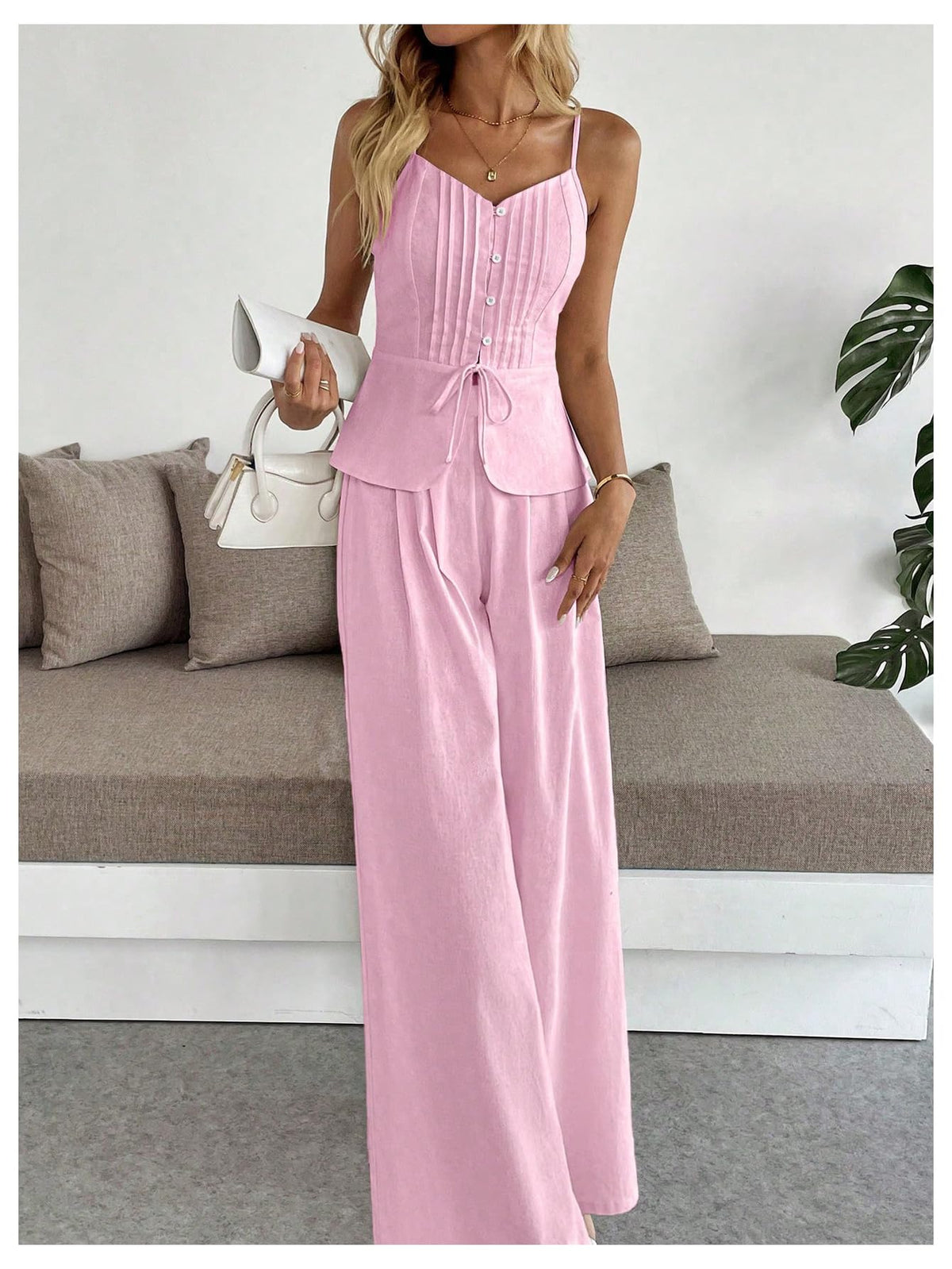 SOLY HUX Women's 2 Piece Outfit Button Down Peplum Cami Wide Leg Pants Set