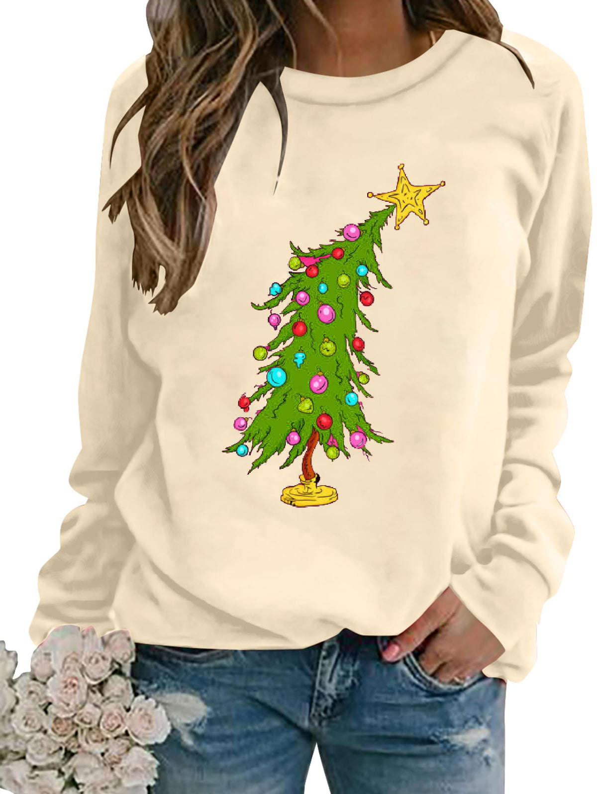 Christmas Sweatshirts for Women Cute Christmas Tree Graphic Long Sleeve Shirt Xmas Holiday Party Pullover Blouse
