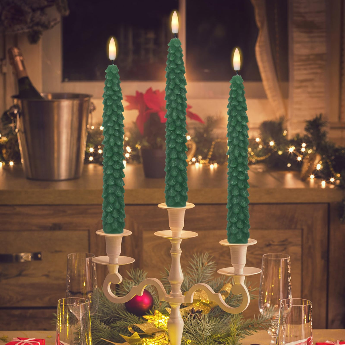 Green Christmas Tree Flameless Taper Candles Battery Operated Remote Timer