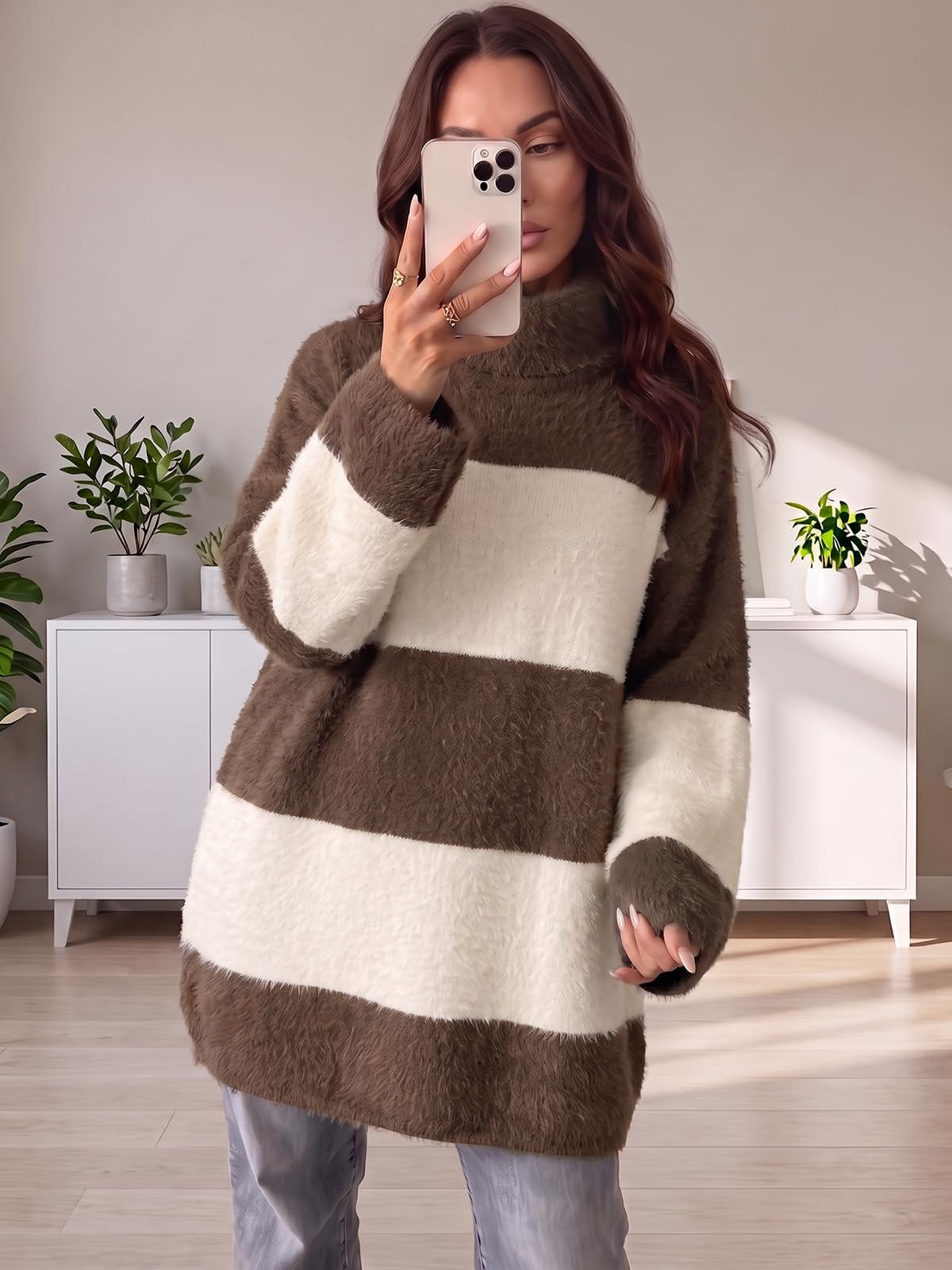 Wenrine Women Oversized Striped Sweater Dress Fall Long Sleeve Knit Dresses